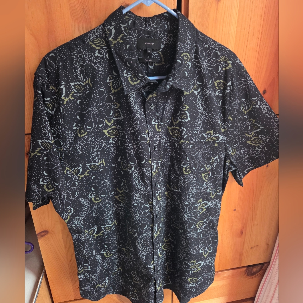 Vince Men's Black Floral Cotton Short Sleeve Shirt Size Xl